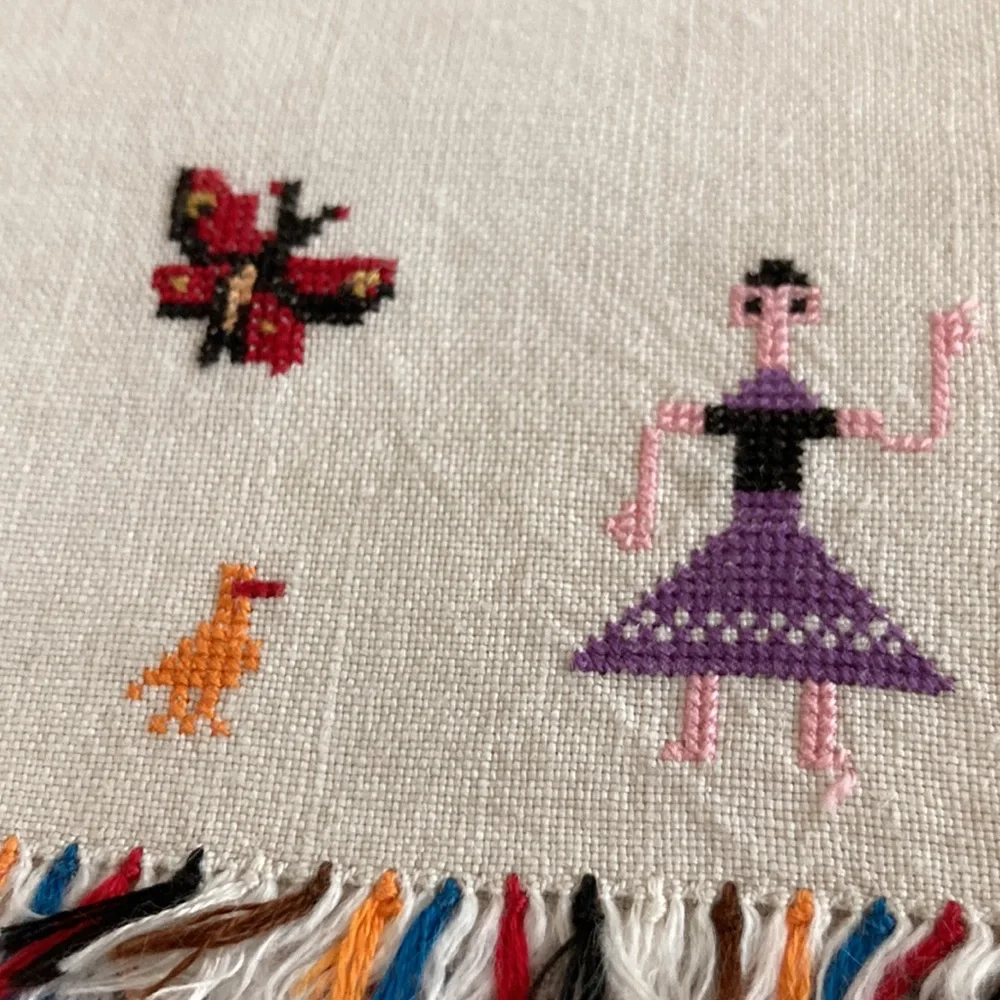 Three Vintage Linen Cocktail Napkins, Rare, Cross Stitched on this fine …